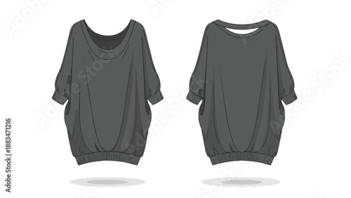 Contemporary grey dolman sleeve tunic dress fashion illustration offering clear front and back views showcasing relaxed fit and practical details