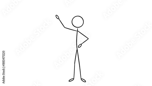 Confident stick figure man presenting and pointing with arm raised, showing something, on an isolated white background.