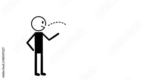 Stick figure man speaking and gesturing with hand, explaining a point, on an isolated white background.