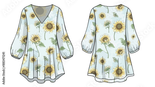 Fashion flat sketch showcasing a chic women's sunflower print tunic blouse with puffed sleeves