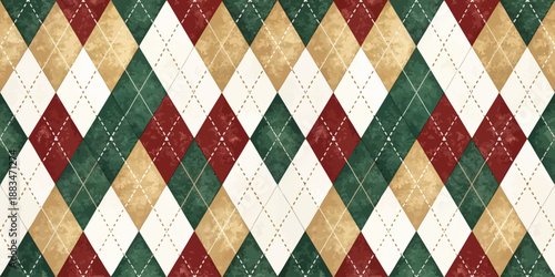 Geometric patterned background featuring holiday colors: red, green, gold, and cream.