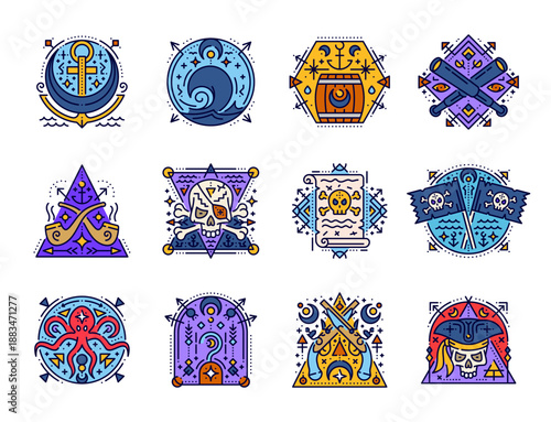 Sacred esoteric pirate and corsair symbols. Vector pirate ship anchor, treasure map, corsair skull and crossbones, piracy flag and hook color line icons with mystic moon, star and esoteric eye symbols