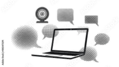 Halftone illustration of laptop with speech bubbles and webcam on white background