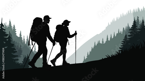 A male and female hiker traverse an outdoor trail with gear and poles amidst dense forest