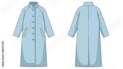 Elegant Sky Blue Long Overcoat Flat Sketch Front and Back Views Apparel Design