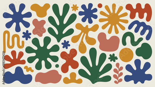 A lively mix of varied organic and irregular shapes in bright colors forming a whimsical seamless pattern