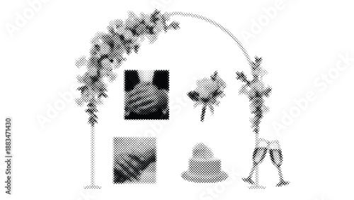Wedding decorations with flowers and champagne on white background