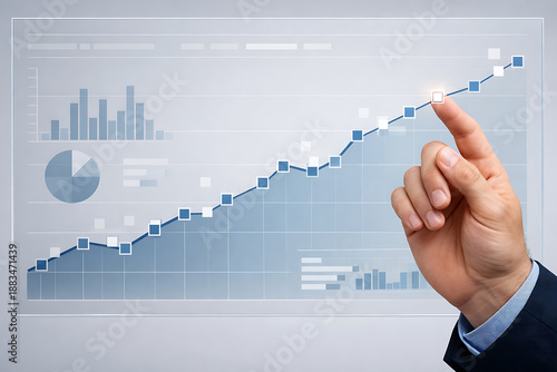 Hand touching futuristic chart showing business data growth and analytics with rising digital graph interface