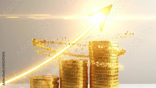 Stacks of golden coins with a glowing arrow pointing upwards, symbolizing financial growth.