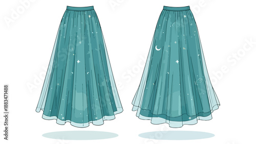 Elegant flowing teal tulle skirt with enchanting celestial patterns, showcasing delicate stars and crescent moons, offering a whimsical and magical