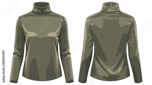 Olive green turtleneck long-sleeve women's top flat lay illustration showing front and back views