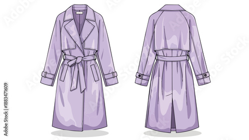 Stylish lavender trench coat flat vector illustration showing front and back views for garment production