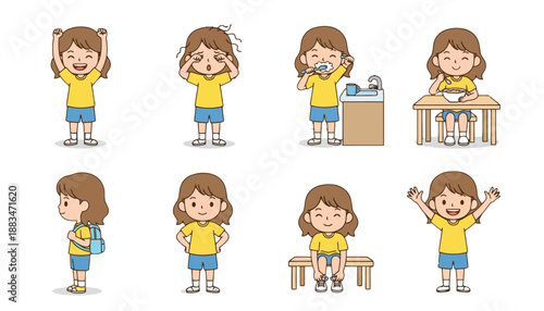 Cartoon illustrations of a young girl showing various emotions and daily activities.