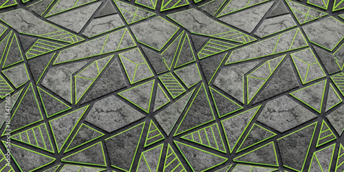 Geometric patterned tiles with black and grey surfaces, highlighted by bright green lines creating a modern design.