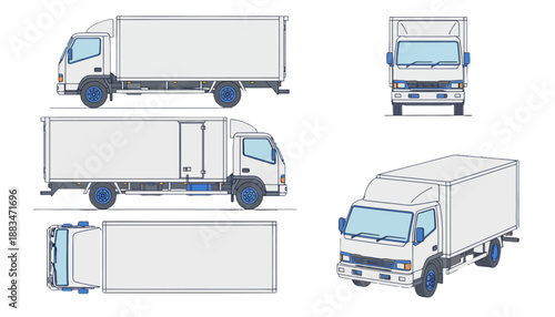 White Delivery Truck Vector Illustration from Multiple Angles and Views.