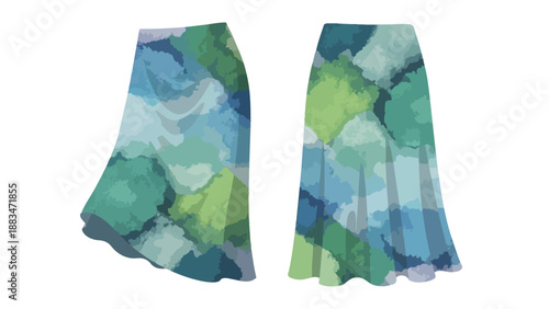Fashionable flowing midi skirts showcasing an artistic watercolor pattern with vibrant blue and green hues for elegant apparel designs and summer