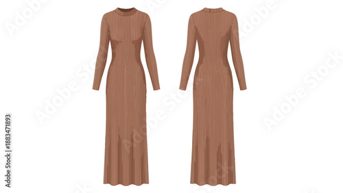 Sophisticated long-sleeve ribbed knit maxi dress in a versatile brown hue. Front and back views highlight its elegant design and comfortable fit, a