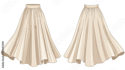 Elegant flowing skirt design illustration, a graceful garment rendered in soft tones for fashion concepts
