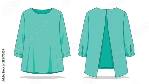 Contemporary women's teal long-sleeved tunic top vector flat sketch with stylish round neck and unique split back detail, perfectly crafted for