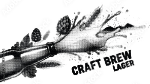 Craft beer bottle with hops splashing out  craft brew lager