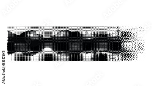 Halftone illustration of mountains and lake reflection landscape