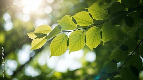 Sunlight filters through vibrant green leaves, creating a serene and natural background.