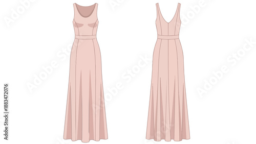Chic blush pink sleeveless maxi dress technical drawing, illustrating the garment's front and back views for fashion design and apparel pattern