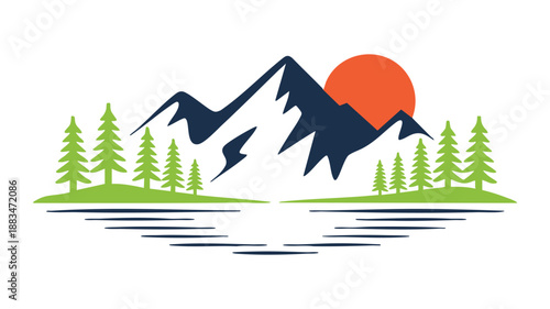 Mountain lake sunset with forest