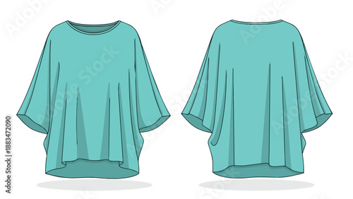 Fashion technical flat sketch of a fluid teal dolman sleeve top showcasing a wide, comfortable neckline and a gracefully draped silhouette for