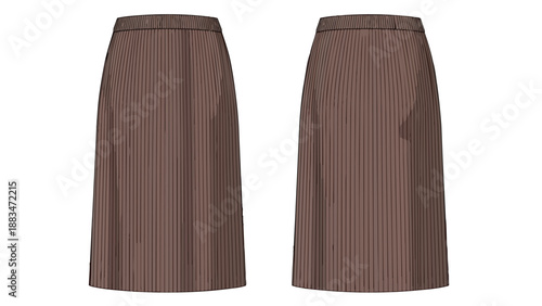 Technical flat sketch illustrating a modern pleated midi skirt design in a warm neutral tone suitable for fashion catalogs garment patterns and