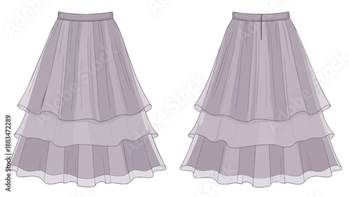 Technical fashion illustration presenting a chic women's tiered ruffle midi skirt, displaying front and back views for complete garment