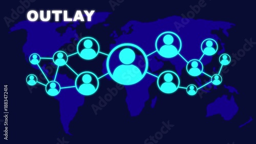 Animated outlay concept on blue background with world map and social icons. Social network connections, Connected people nodes, and global communication concept. 4K Video