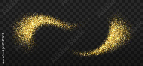 Golden star dust waves, magic glitter vector particles splash, glow powder spray effect. Sparkling dust trail, magical starburst, light, cosmic shimmer. Golden spray waves of sequins and glitter forms