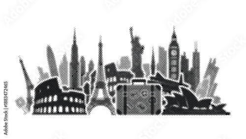 city skyline silhouette with iconic buildings and towers in grayscale illustration
