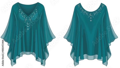 Elegant flowing teal tunic with celestial moon and star embroidery on the neckline luxurious garment offering comfort and style for various