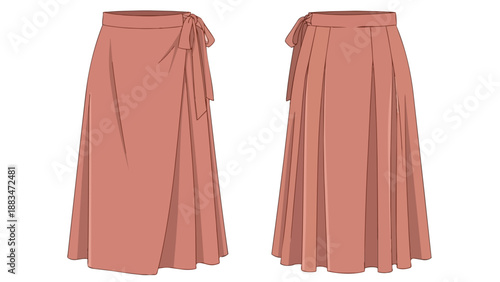 Stylish long wrap and pleated skirt designs in muted terracotta hue fashion illustration
