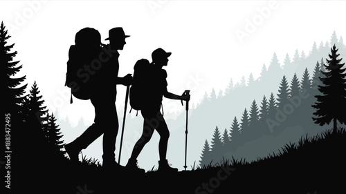 A pair of experienced hikers with backpacks and poles traversing a forest mountain trail with determination