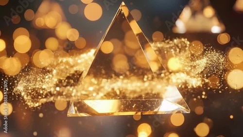 Abstract crystal pyramids floating amidst a bokeh of golden light, creating a magical atmosphere.
