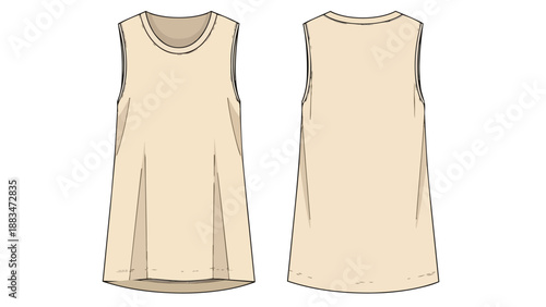 Fashion design technical flat sketch presenting a versatile sleeveless tunic top, featuring both front and back views in a neutral beige tone for