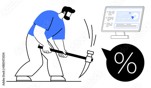 Finance, tax analytics, data mining, business strategies, financial reports, conceptual art. A man with a pickaxe, a percentage icon and a monitor with data. Finance and data mining concept