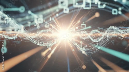 Abstract data stream visualization with glowing light, representing digital network connection.