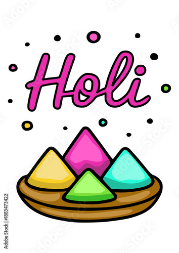 Vibrant Holi festival poster vector illustration with colorful powders in a bowl and festive dots