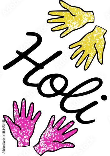 Vibrant Holi festival poster vector with colorful hands and festive lettering