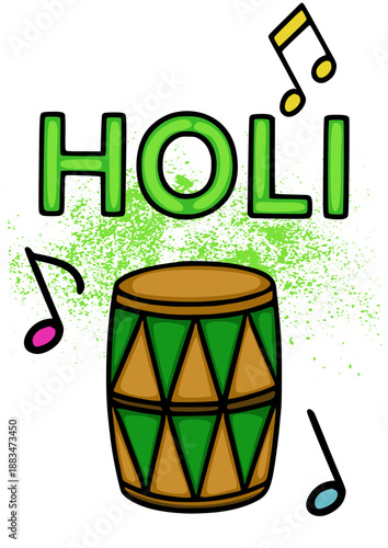 Holi vector illustration of a Dhol drum with musical notes and green splatter