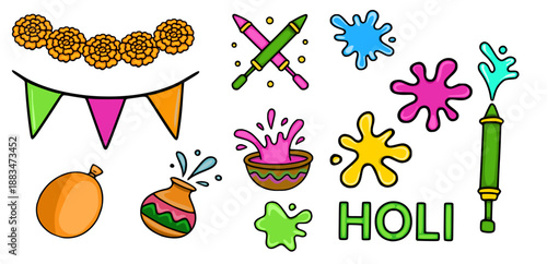 Festive Holi vector illustration set with colorful splashes, pichkaris, balloons, and marigold garland