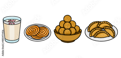 Set of Indian sweets and beverage vector illustration, including Jalebi, Laddu, Gujiya, and Lassi.