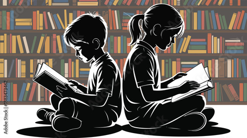 Detailed silhouette outlines of children reading books in front of a vibrant bookshelf full of stories