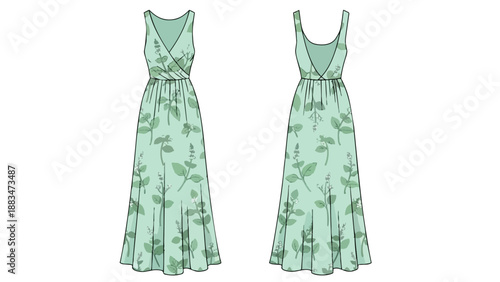 Technical fashion illustration of a flowing maxi dress with intricate botanical print front and back views
