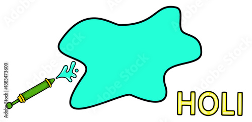 Holi vector banner with turquoise color splash and water gun illustration