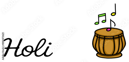 Festive Holi vector banner with tabla drum and musical notes